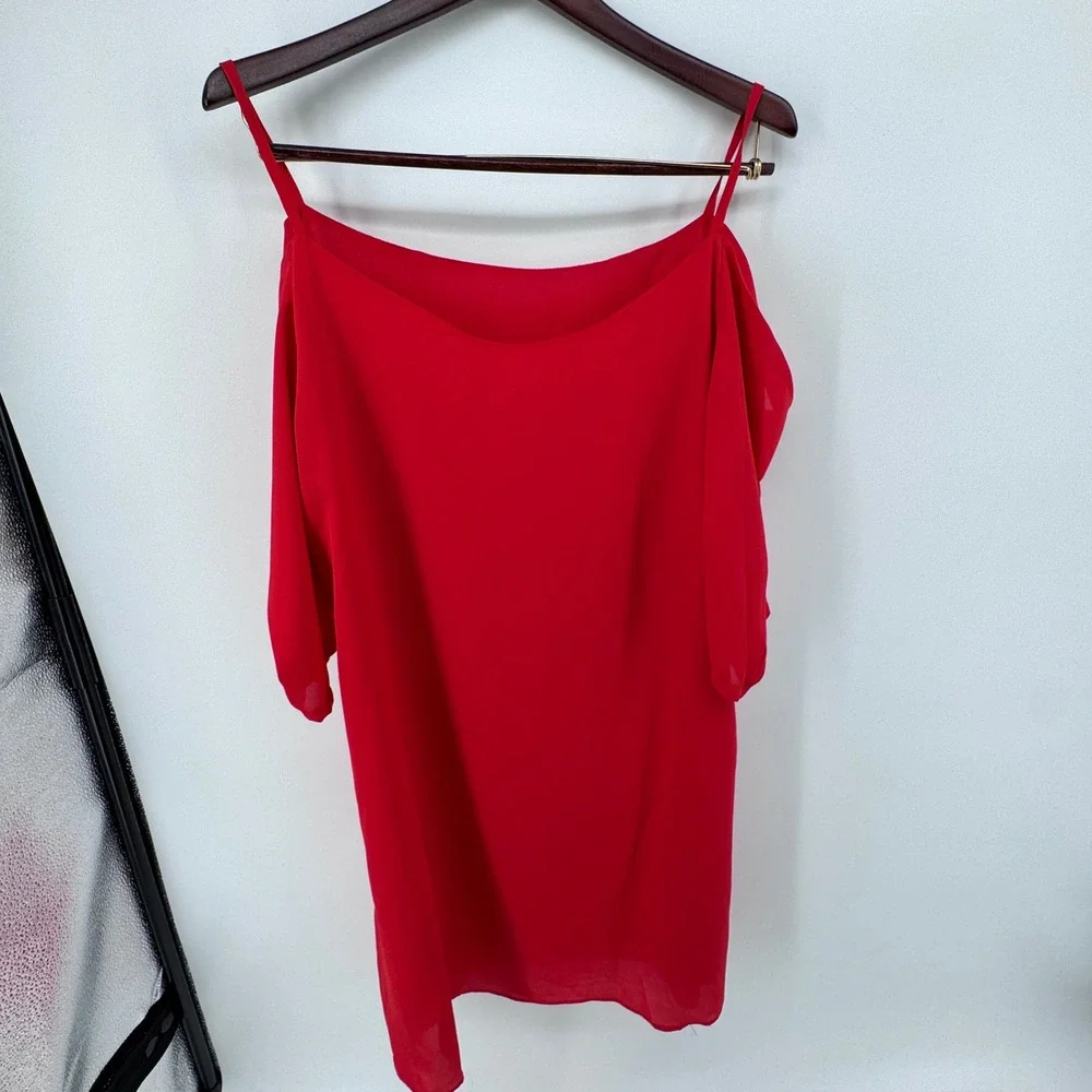 Red Cold Shoulder Mini Dress Chiffon Spaghetti Strap Shift Tunic‎